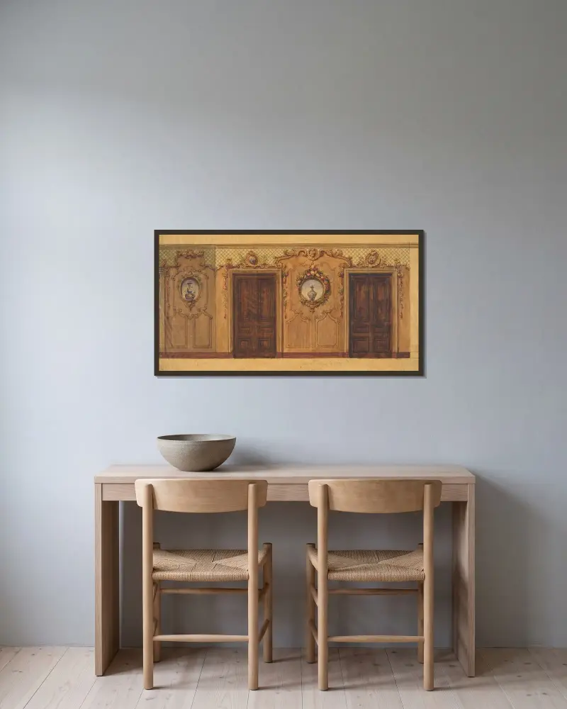 Design för ett rum med pardörrar dekorerade med frukt- och blomstergirlanger, rullverk och rutmönster av Jules-Edmond-Charles Lachaise inramad på en vägg