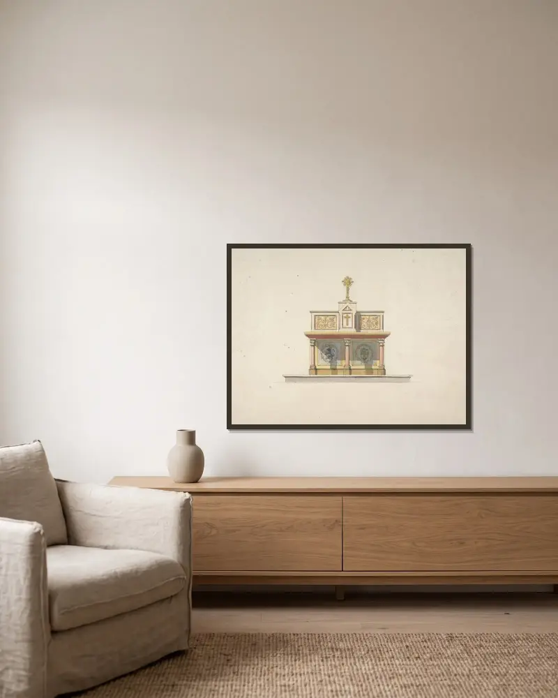 Design för ett altarbord med krucifix av Jules-Edmond-Charles Lachaise inramad på en vägg