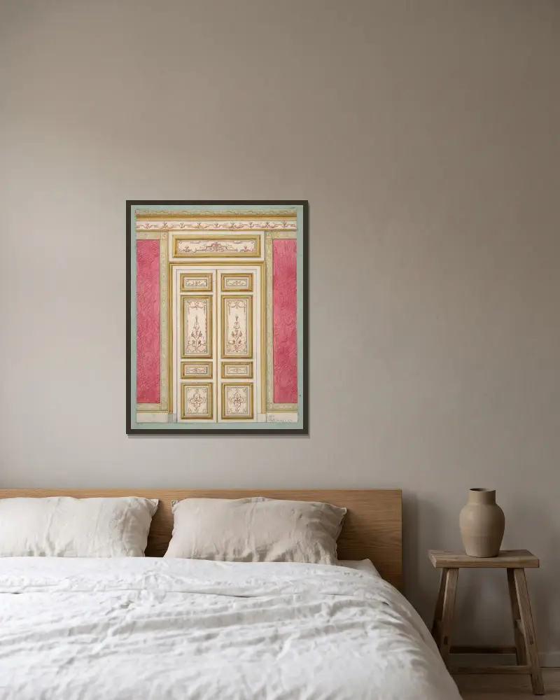 Design för pardörrar i rokokostil av Jules-Edmond-Charles Lachaise inramad på en vägg