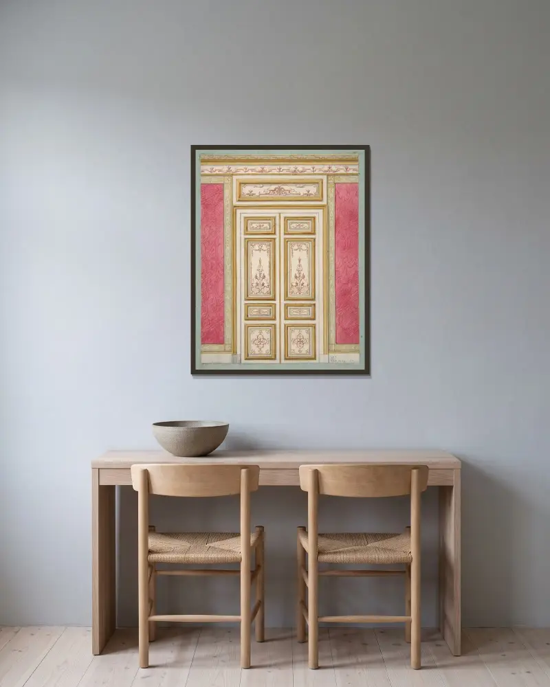 Design för pardörrar i rokokostil av Jules-Edmond-Charles Lachaise inramad på en vägg