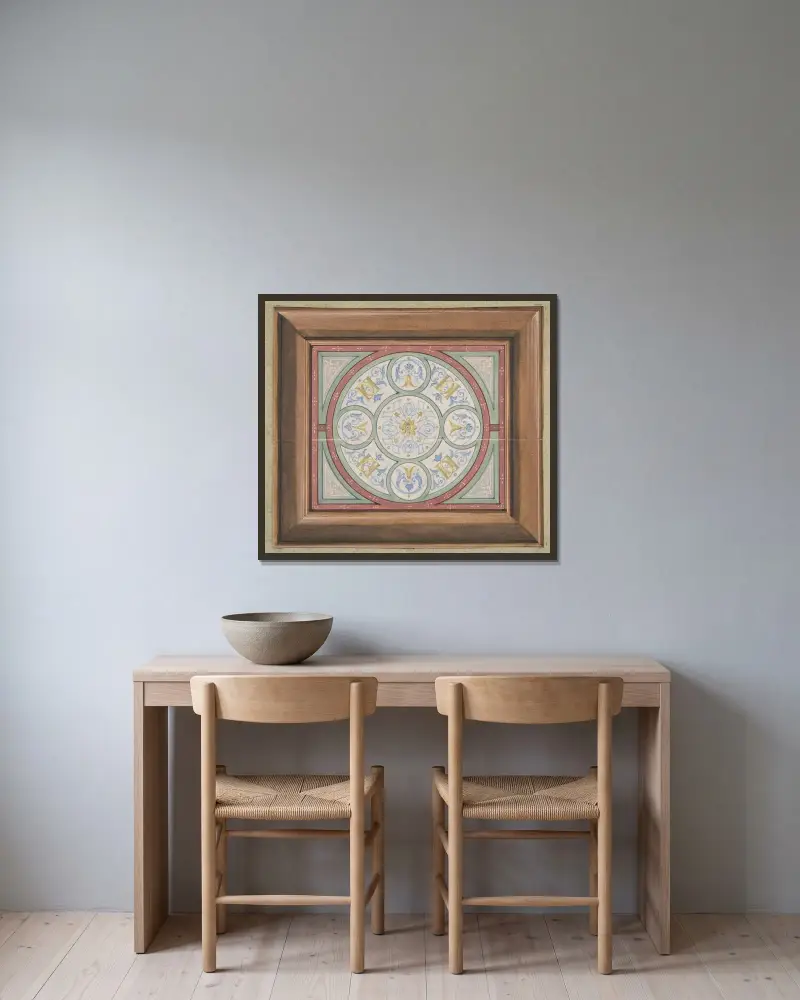 Design för målad takdekor med sammanflätade initialer; DD av Jules-Edmond-Charles Lachaise inramad på en vägg