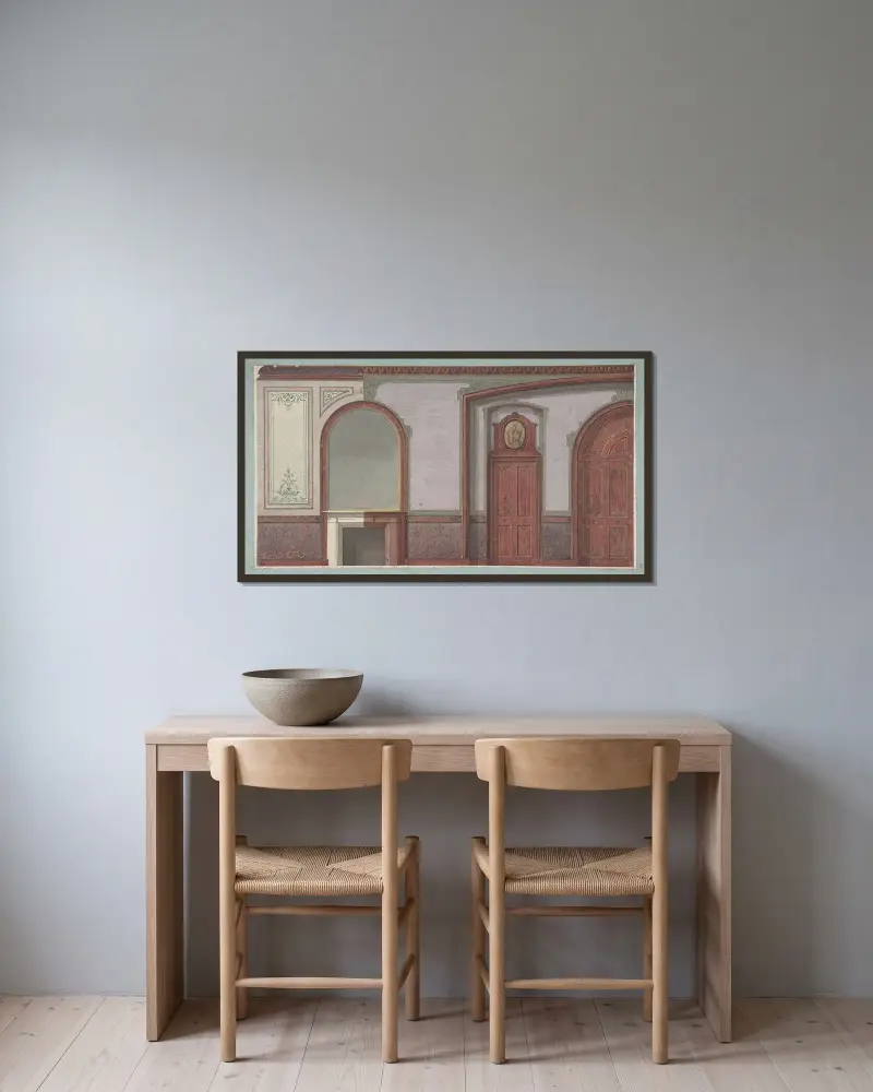 Design för målad väggpanel, Deepdene, Dorking, Surrey av Jules-Edmond-Charles Lachaise inramad på en vägg