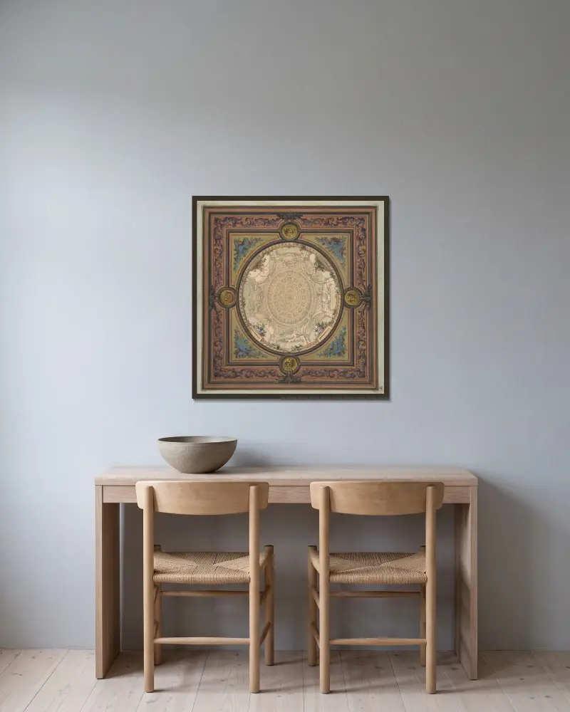Takutsmyckning med trompe l'oeil-målad kassettkupol av Jules-Edmond-Charles Lachaise inramad på en vägg