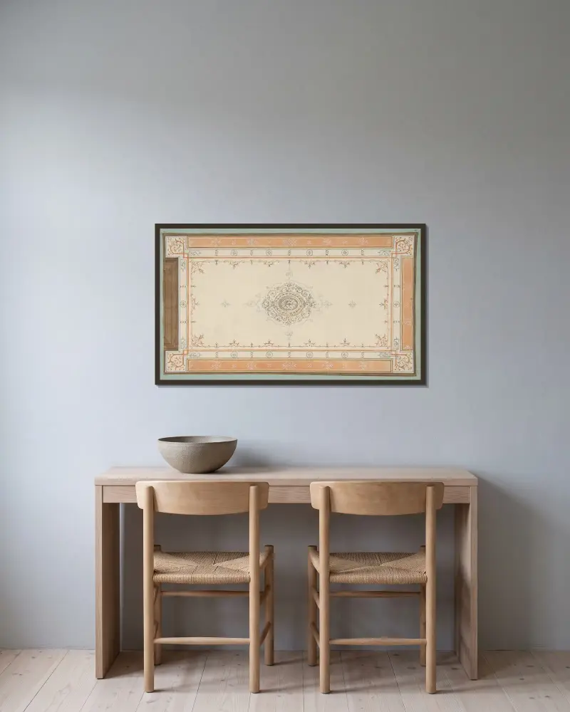 Design för takdekoration med filigransbårder och central medaljong av Jules-Edmond-Charles Lachaise inramad på en vägg