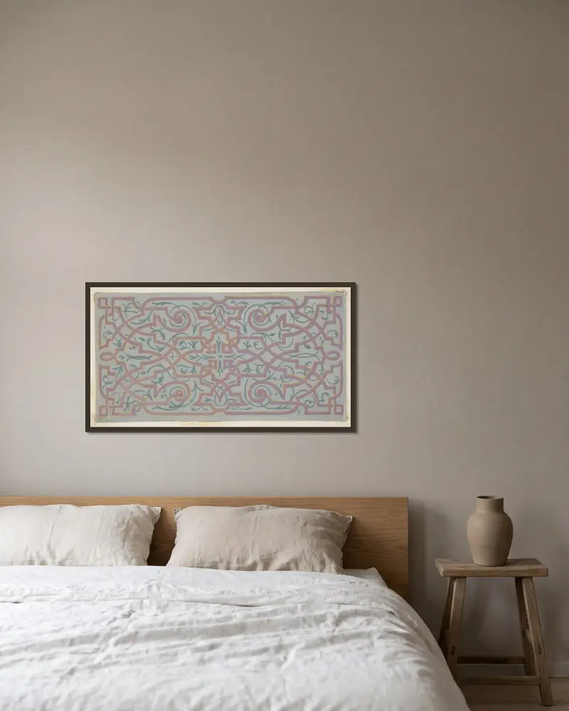 Design för takutsmyckning med bandverk av Jules-Edmond-Charles Lachaise inramad på en vägg