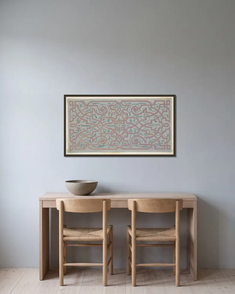 Design för takutsmyckning med bandverk av Jules-Edmond-Charles Lachaise inramad på en vägg