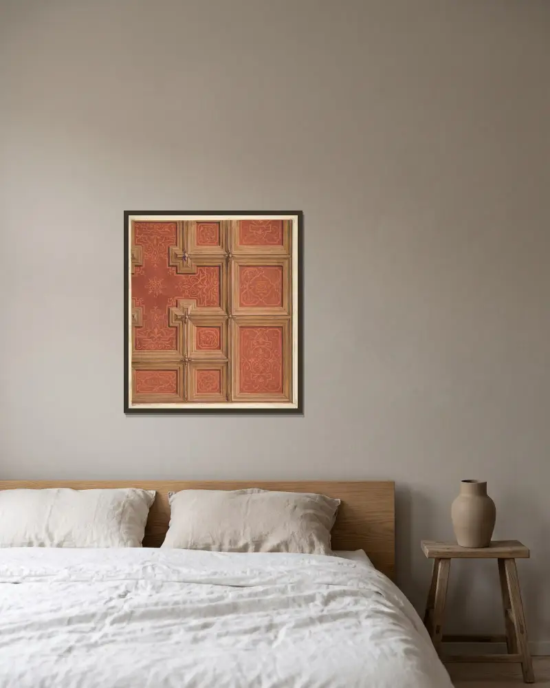 Entwurf zur Dekoration einer Kassettendecke mit dem Namen ‚Racine‘ und verschlungenen Buchstaben von Jules-Edmond-Charles Lachaise gerahmt an einer Wand