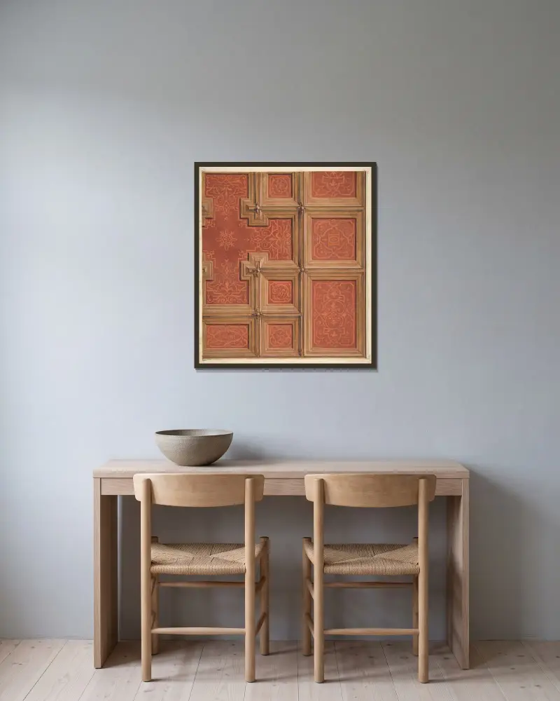 Entwurf zur Dekoration einer Kassettendecke mit dem Namen ‚Racine‘ und verschlungenen Buchstaben von Jules-Edmond-Charles Lachaise gerahmt an einer Wand