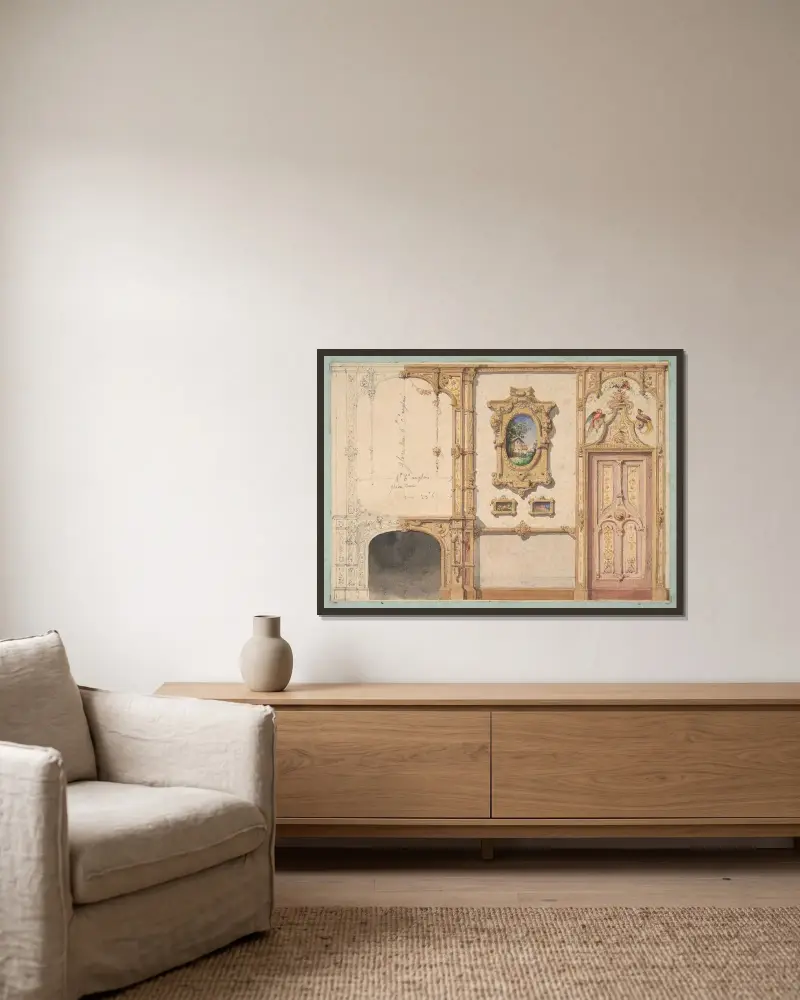 Design for the decoration of a wall punctuated by a fireplace and a door and hung with gold-framed pictures av Jules-Edmond-Charles Lachaise inramad på en vägg