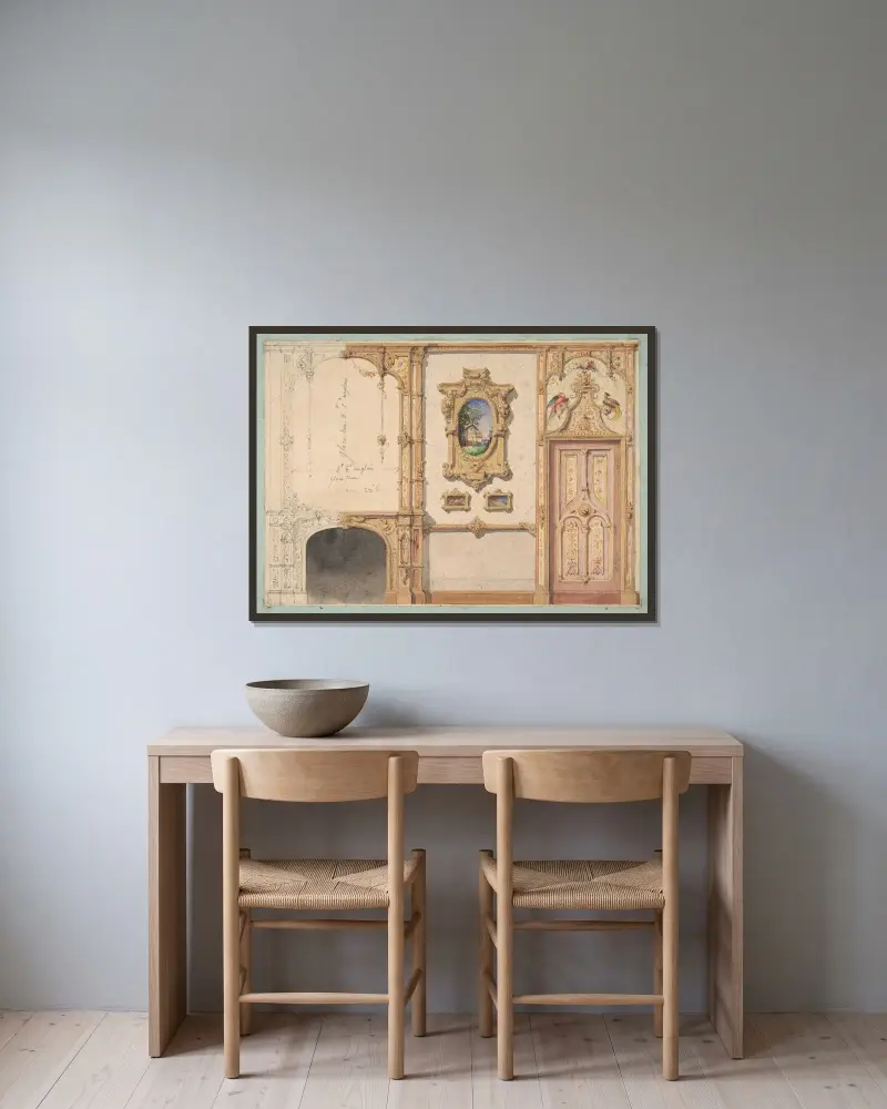 Design for the decoration of a wall punctuated by a fireplace and a door and hung with gold-framed pictures av Jules-Edmond-Charles Lachaise inramad på en vägg