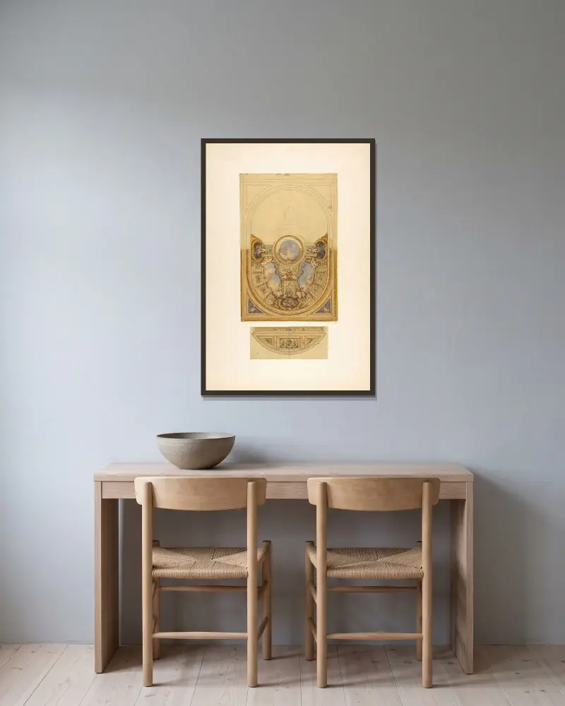 Design för dekoration av ett ovalt tak med putti och girlanger; med en detalj av en lunett av Jules-Edmond-Charles Lachaise inramad på en vägg