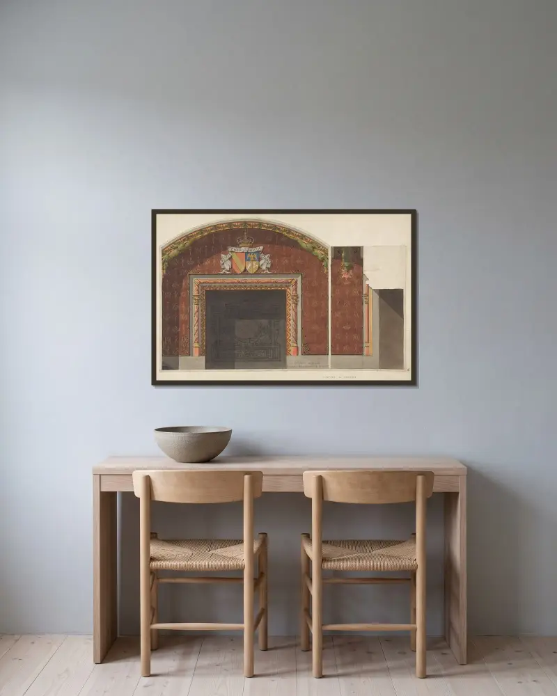 Utkast till dekoration av öppna spisen i biblioteket på Château de Mouchy (1800-talet) av Jules-Edmond-Charles Lachaise inramad på en vägg