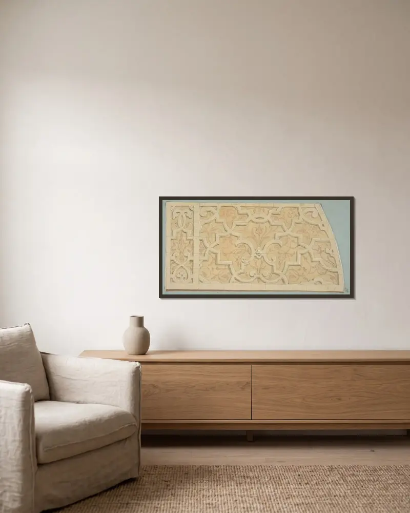 Entwurf für die Dekoration des Treppenhauses im Château d’Ognon des M. de Machy (Oise, Frankreich) von Jules-Edmond-Charles Lachaise gerahmt an einer Wand
