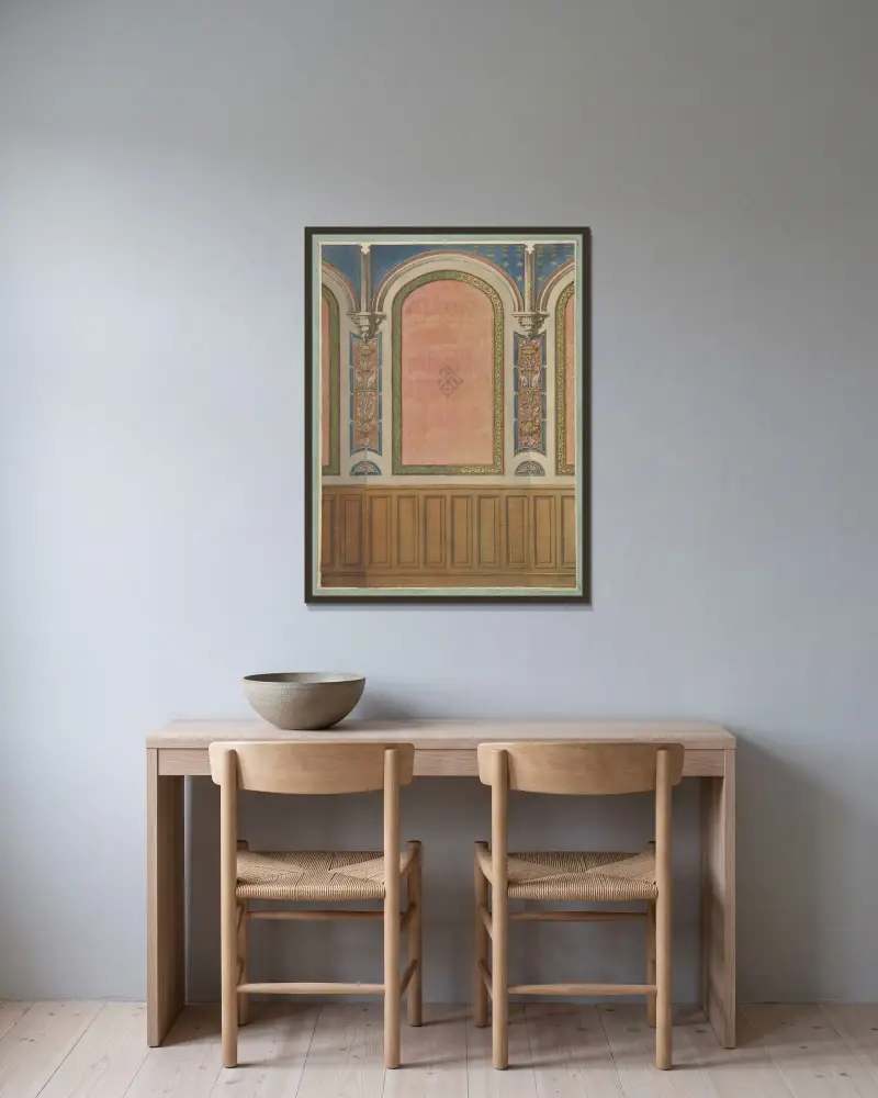 Design för väggdekoration med träpaneler och välvda nischer (1800-talet) av Jules-Edmond-Charles Lachaise inramad på en vägg