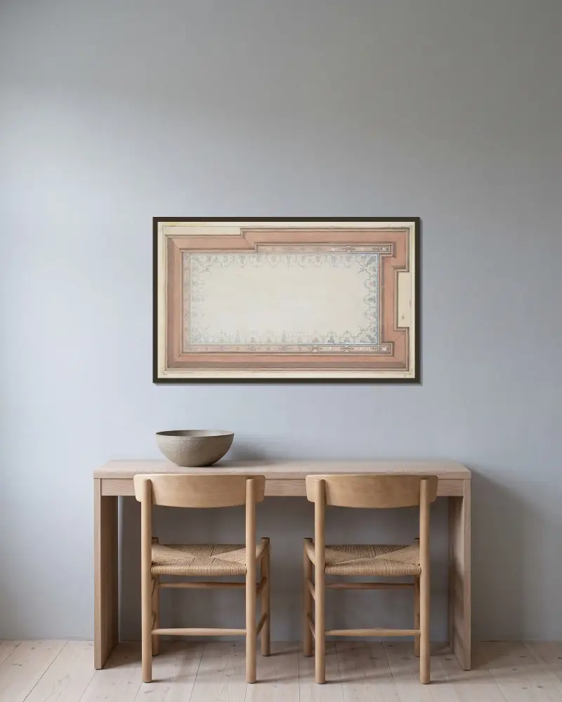 Design för målad takdekoration av Jules-Edmond-Charles Lachaise inramad på en vägg