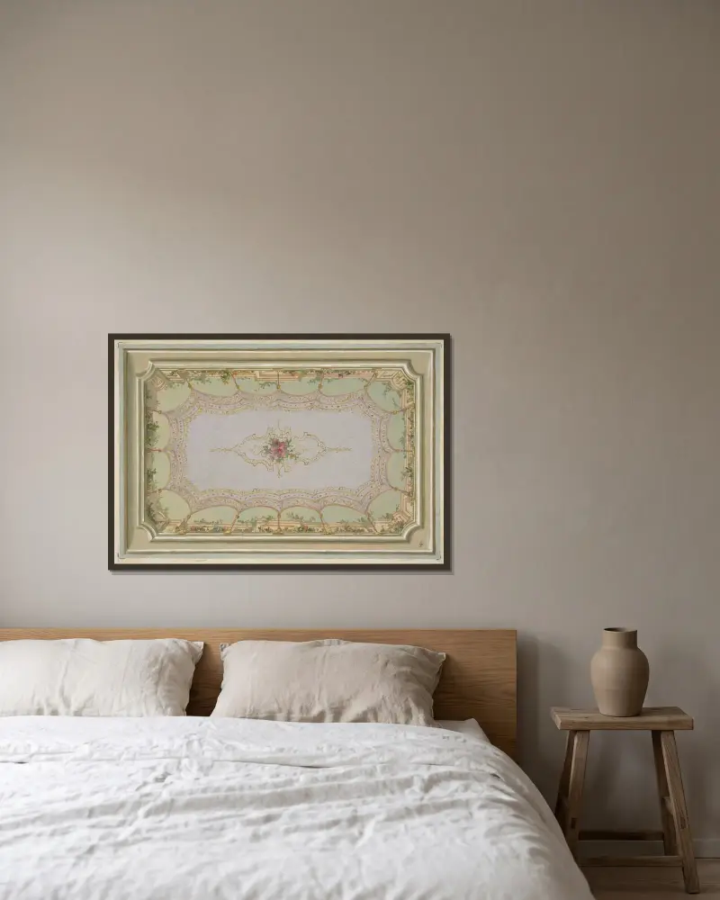 Design för målad takdekor med trompe l'oeil-baldakin och rosor av Jules-Edmond-Charles Lachaise inramad på en vägg