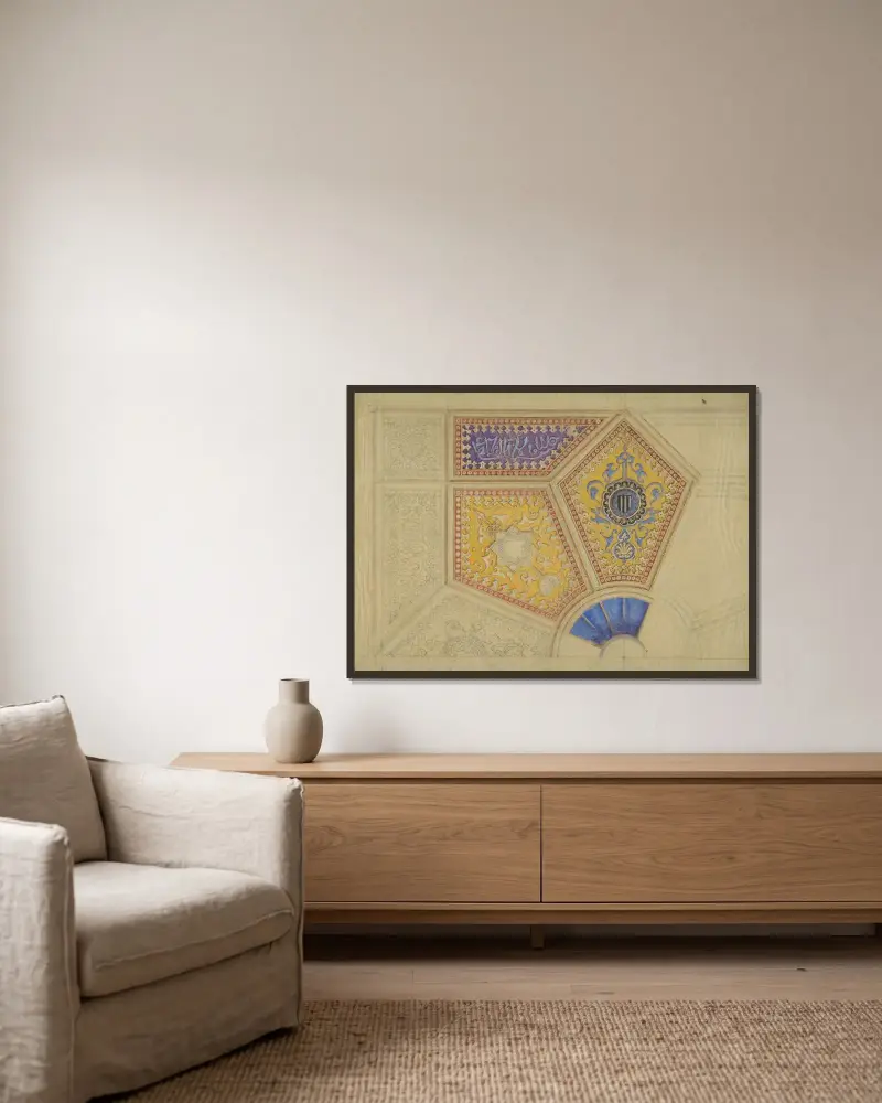 Design för målad dekor av kassettak (1800-talet) av Jules-Edmond-Charles Lachaise inramad på en vägg