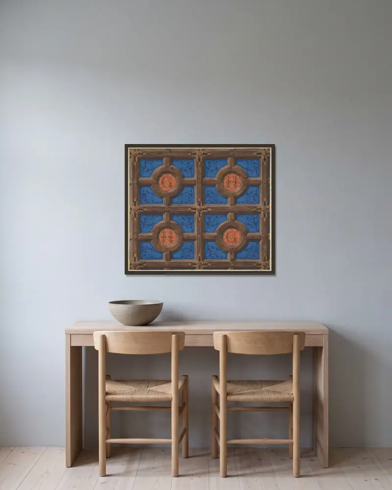 Design för målad dekoration av kassettak med initialerna G och H för ett hus på rue de Clichy av Jules-Edmond-Charles Lachaise inramad på en vägg