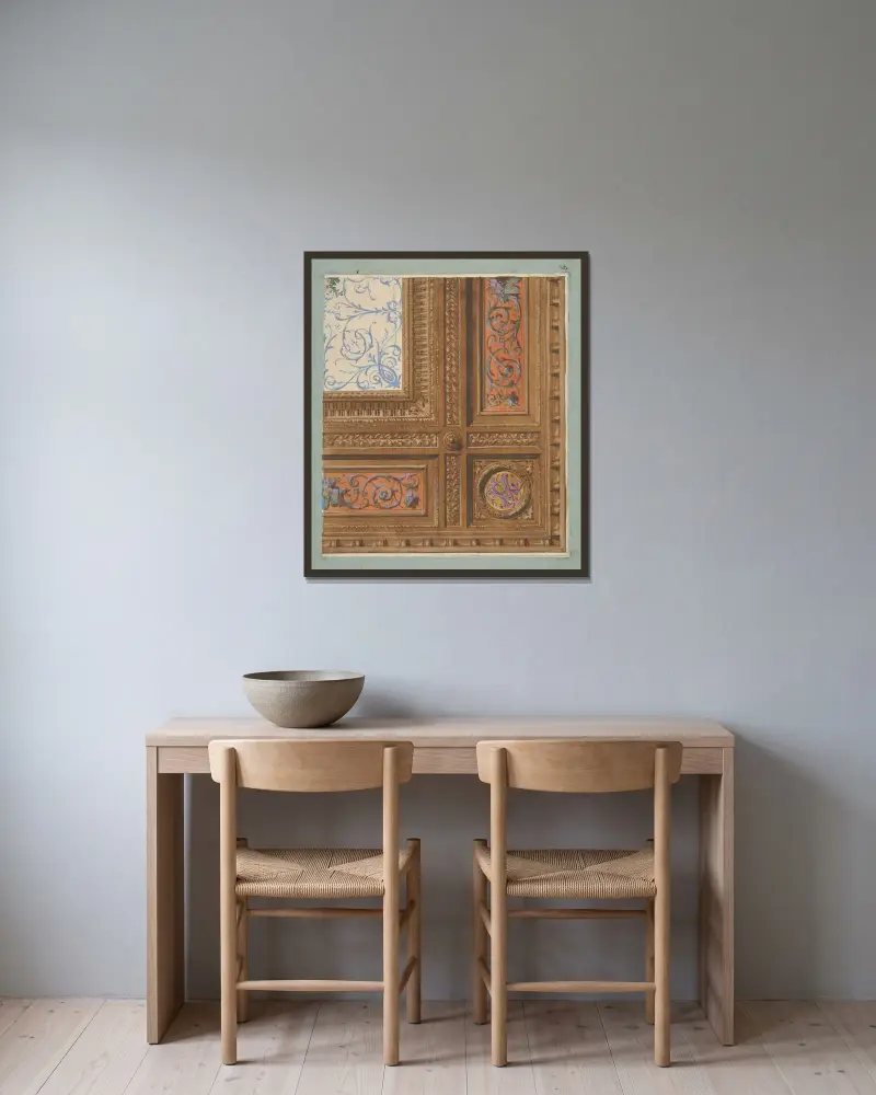 Design för målad dekor av ett kassettak med initialerna VR av Jules-Edmond-Charles Lachaise inramad på en vägg