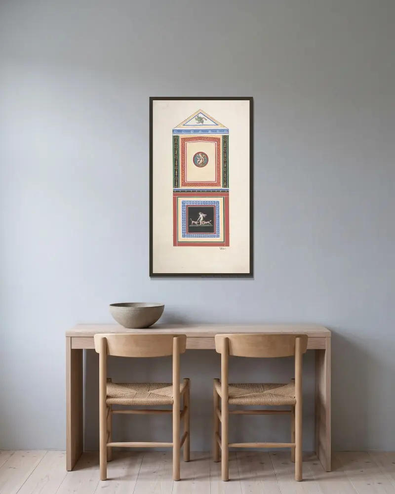Design för väggdekor med putti och hundar av Jules-Edmond-Charles Lachaise inramad på en vägg