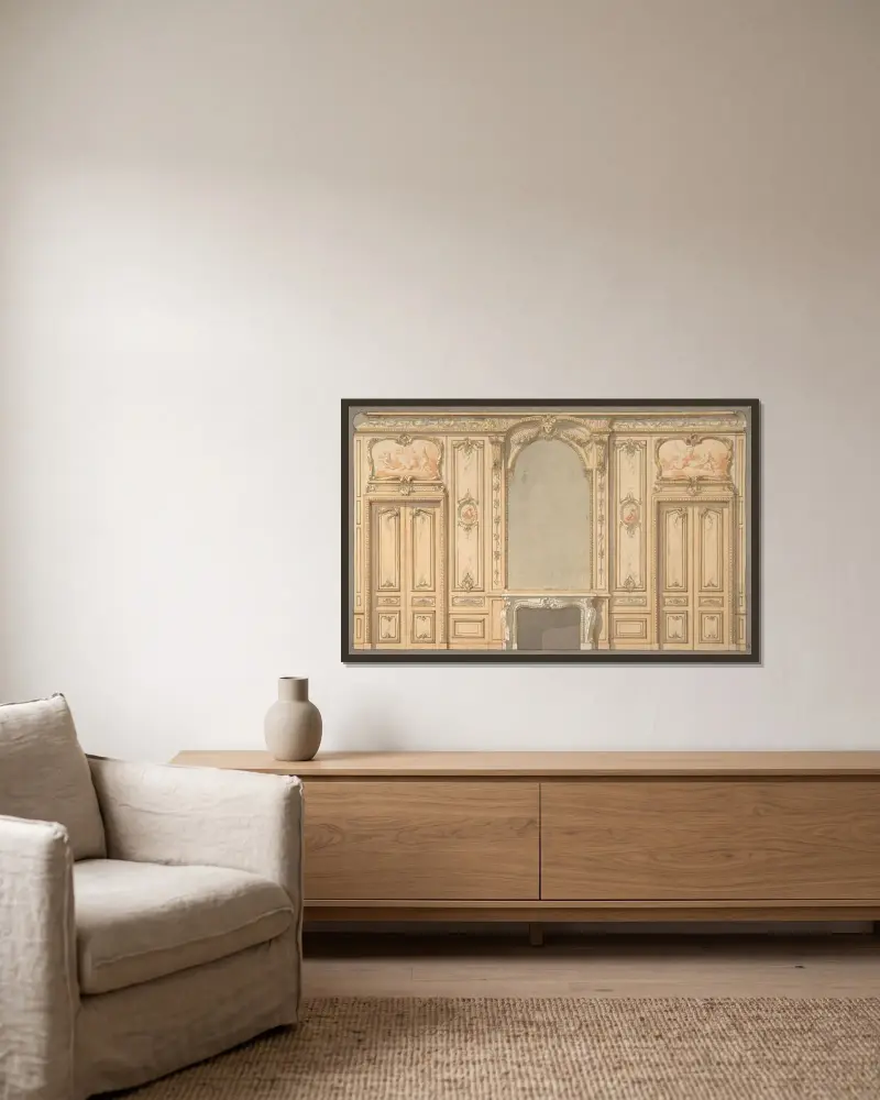 Förlaga till väggpaneler, spegel och spiskåpa (1800-talet) av Jules-Edmond-Charles Lachaise inramad på en vägg