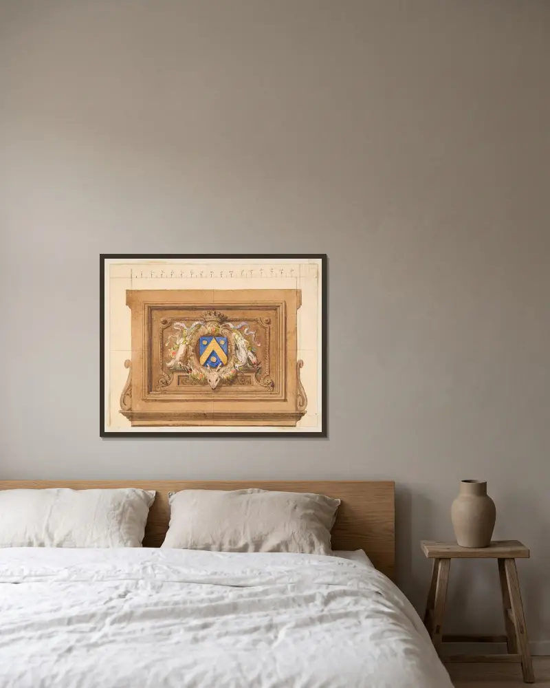 Design av en dekorativ panel med jaktbyten, sköld och krona av Jules-Edmond-Charles Lachaise inramad på en vägg