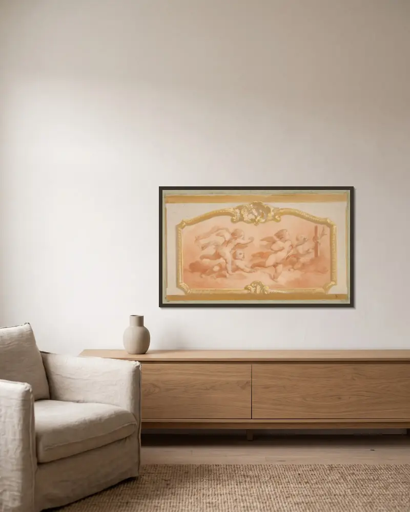 Design med putti av Jules-Edmond-Charles Lachaise inramad på en vägg