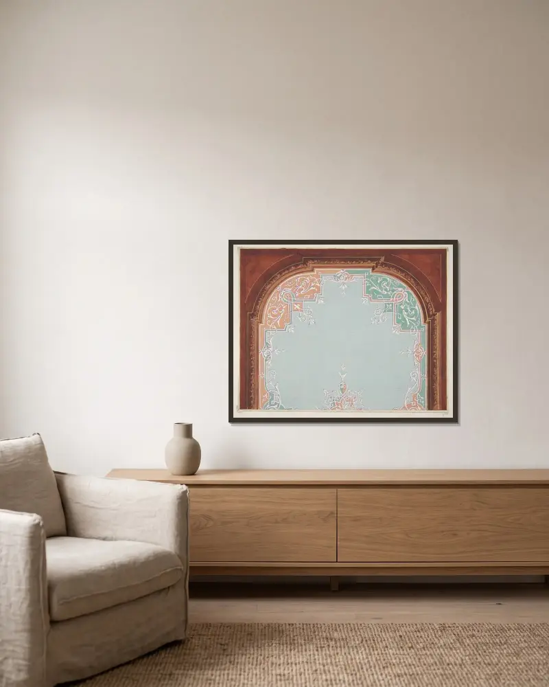 Designs for a painted ceiling with filagree borders av Jules-Edmond-Charles Lachaise inramad på en vägg