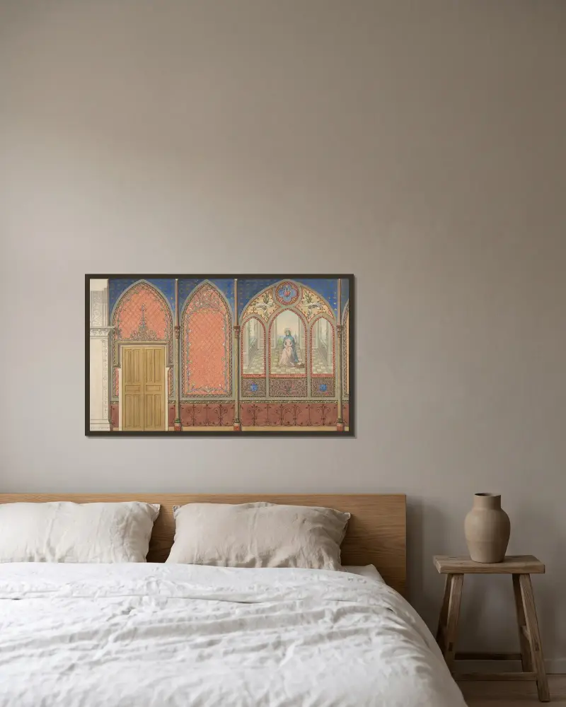 Uppställning av en kyrka eller kapell med ornament och en målad triptyk av Jungfru Maria av Jules-Edmond-Charles Lachaise inramad på en vägg