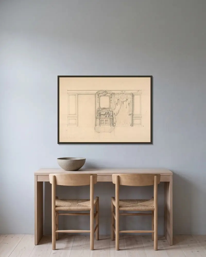 Innenansicht mit geschnitzter Anrichte und Fenstervorhängen von Jules-Edmond-Charles Lachaise gerahmt an einer Wand