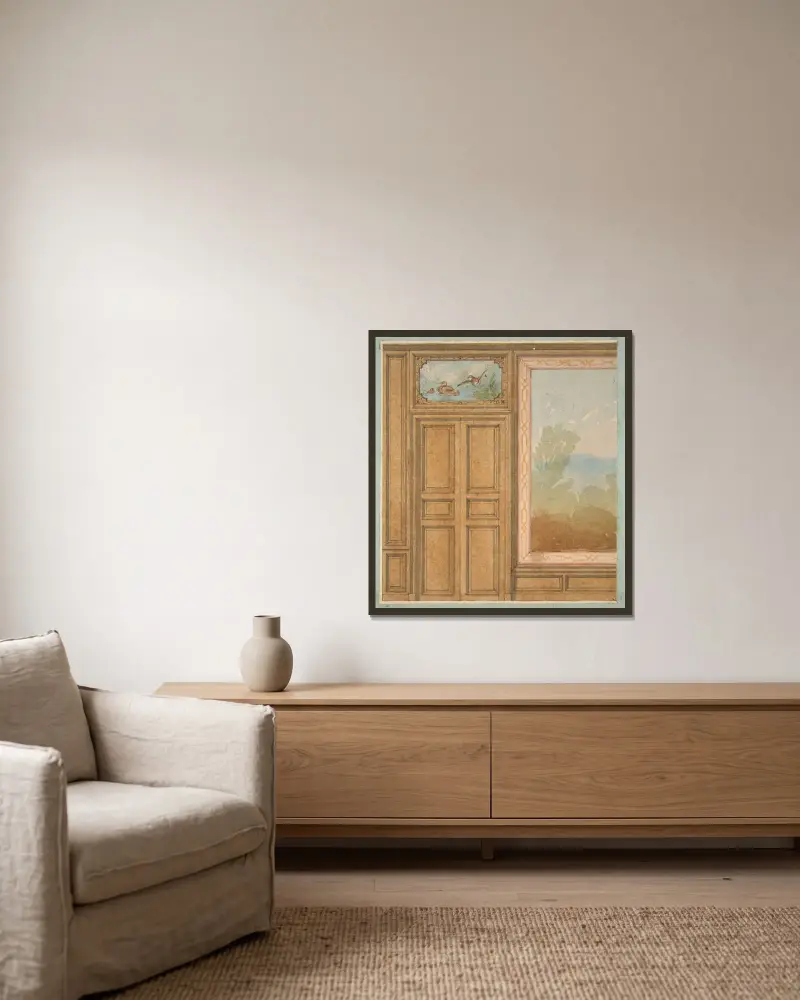 Elevation of a paneled wall with a mural or tapestry and a double doors surmounted by a painting of ducks av Jules-Edmond-Charles Lachaise inramad på en vägg