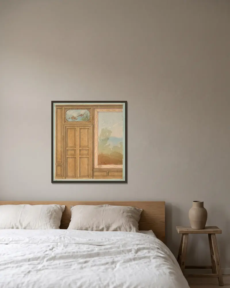 Elevation of a paneled wall with a mural or tapestry and a double doors surmounted by a painting of ducks av Jules-Edmond-Charles Lachaise inramad på en vägg