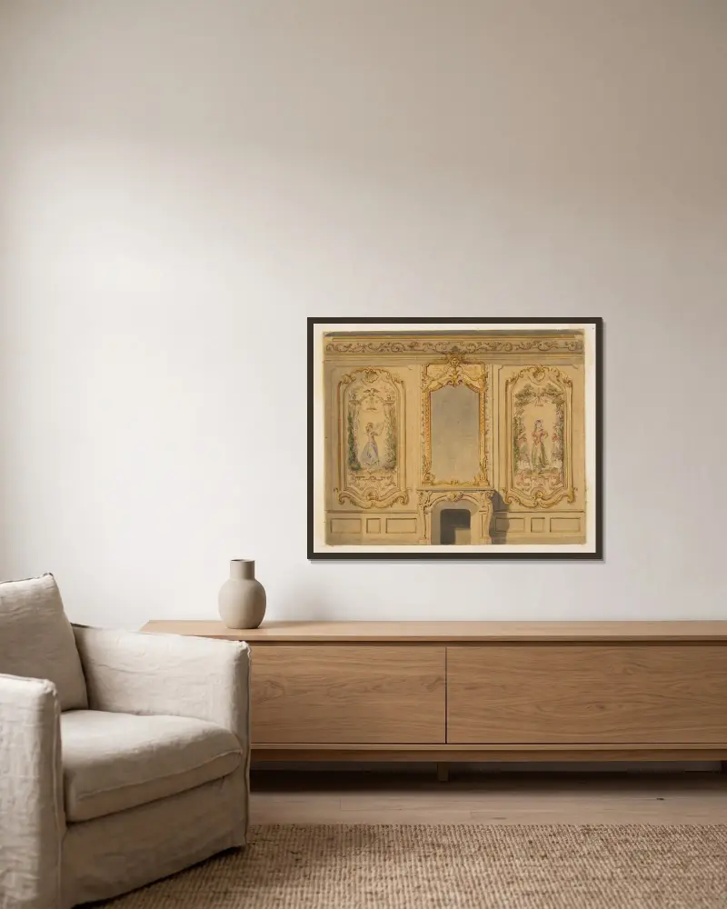 Elevation of an interior wall decorated with a chimney piece surmouted by a mirror and flanked with painted panels av Jules-Edmond-Charles Lachaise inramad på en vägg