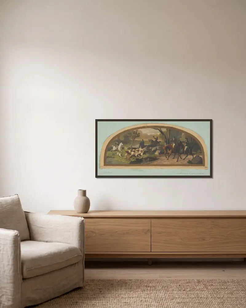 Jaktscen; muraldesign för en lunett i biblioteket på Château de Lude (Sarthe) av Jules-Edmond-Charles Lachaise inramad på en vägg