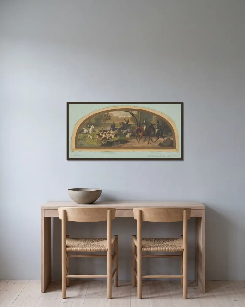 Jaktscen; muraldesign för en lunett i biblioteket på Château de Lude (Sarthe) av Jules-Edmond-Charles Lachaise inramad på en vägg