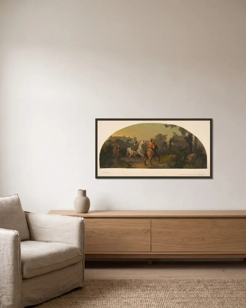 Väggmålning med ryttare i landskap för en lunett i biblioteket på Château de Lude (Sarthe) av Jules-Edmond-Charles Lachaise inramad på en vägg