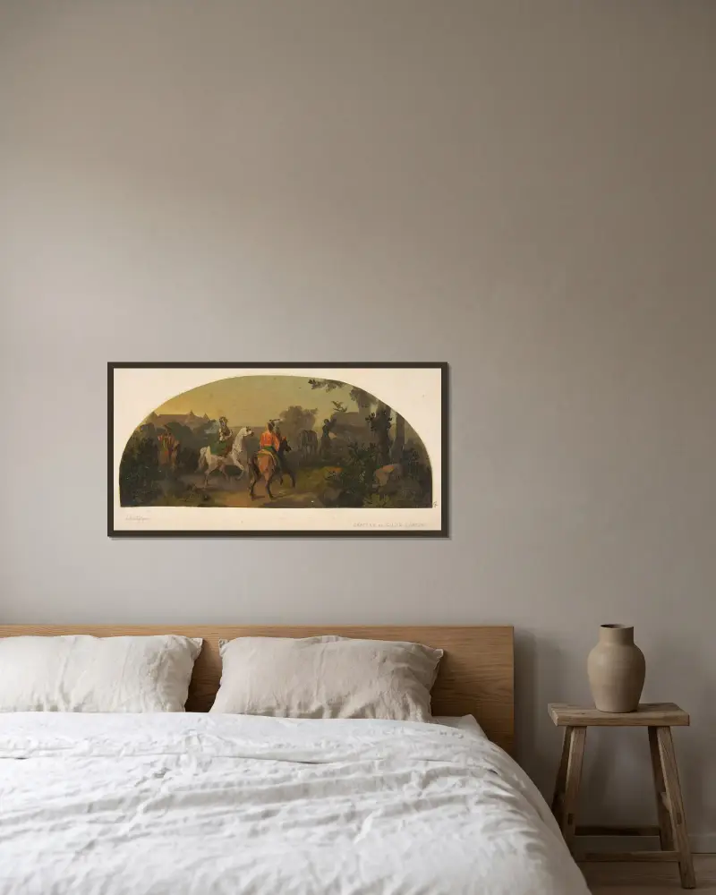 Väggmålning med ryttare i landskap för en lunett i biblioteket på Château de Lude (Sarthe) av Jules-Edmond-Charles Lachaise inramad på en vägg
