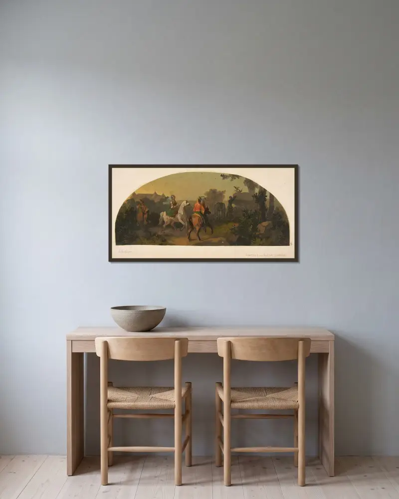 Väggmålning med ryttare i landskap för en lunett i biblioteket på Château de Lude (Sarthe) av Jules-Edmond-Charles Lachaise inramad på en vägg