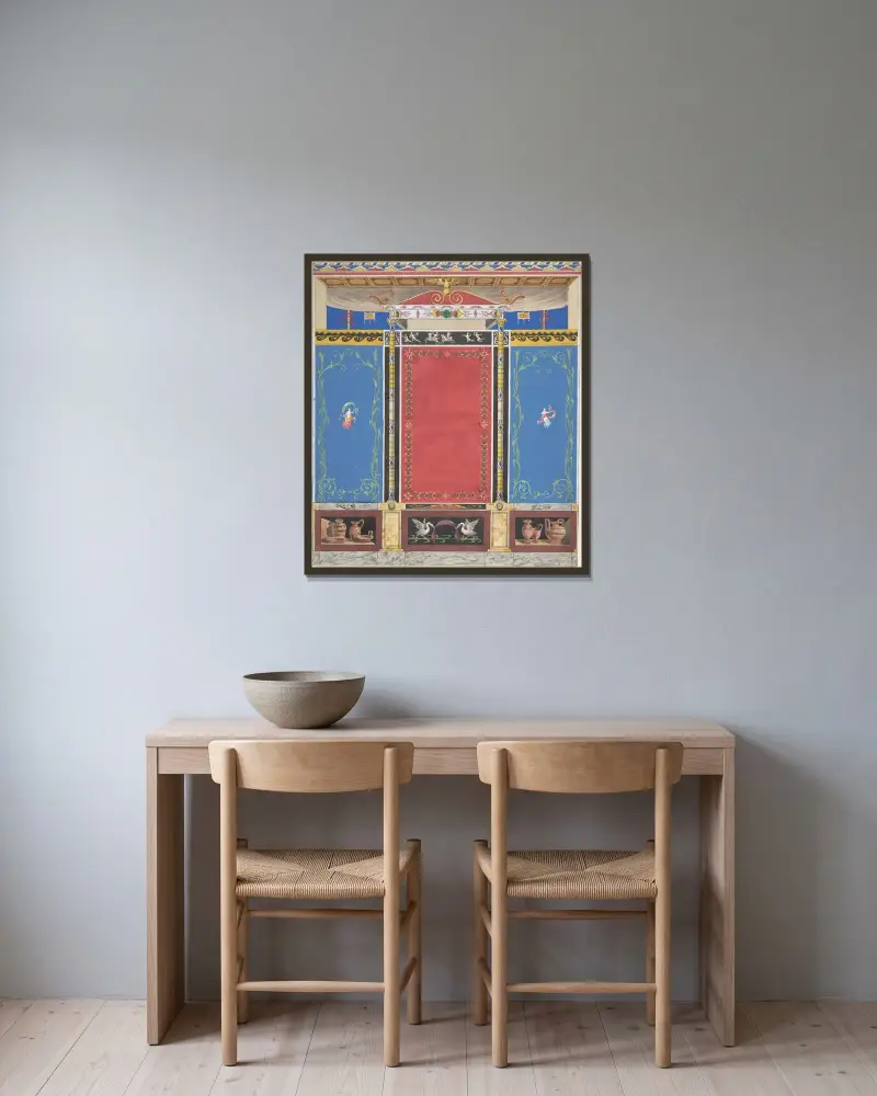 Målad väggdekor med smal kolonn, ett svanpar och trompe l'oeil-vaser vid basen av Jules-Edmond-Charles Lachaise inramad på en vägg