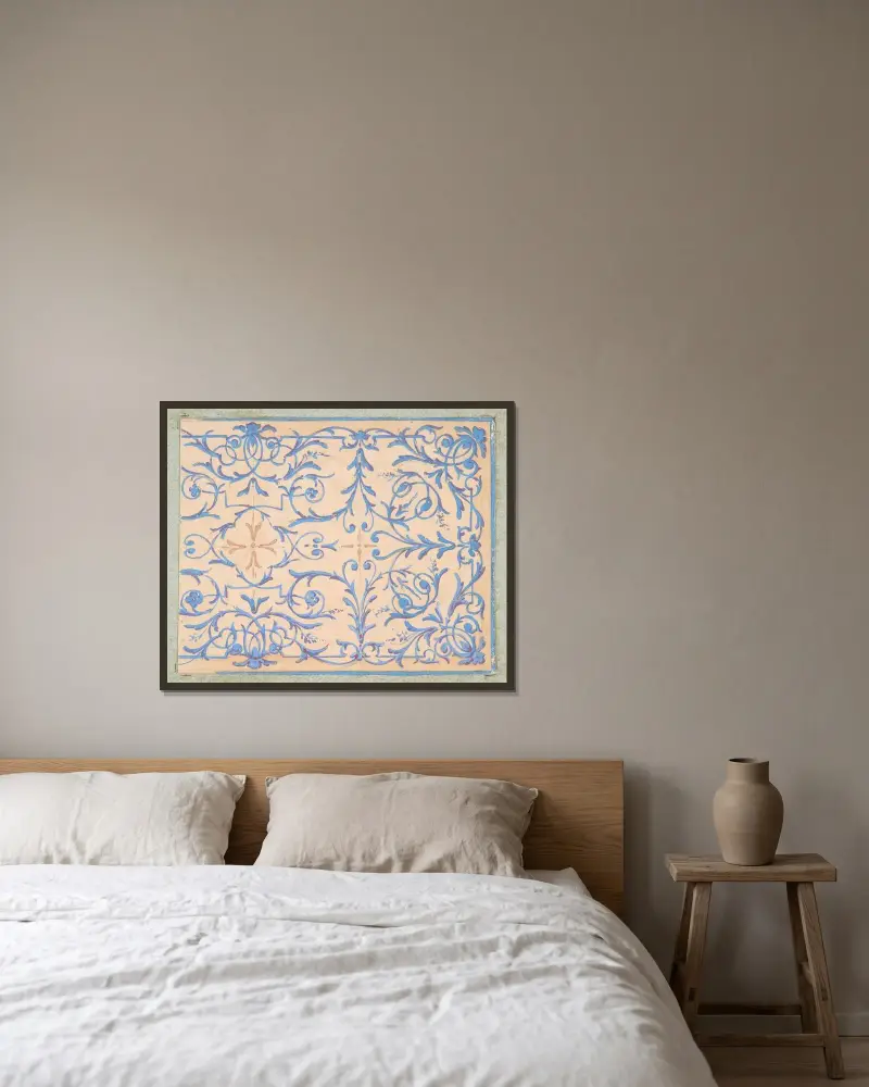 Del av design för en dekorativ panel med rinceaux av Jules-Edmond-Charles Lachaise inramad på en vägg