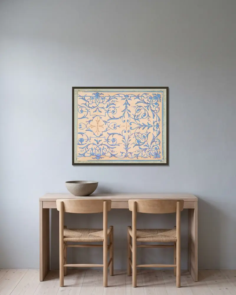 Del av design för en dekorativ panel med rinceaux av Jules-Edmond-Charles Lachaise inramad på en vägg