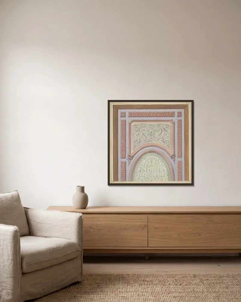 Delvis design för takdekoration med oval panel i mitten av Jules-Edmond-Charles Lachaise inramad på en vägg