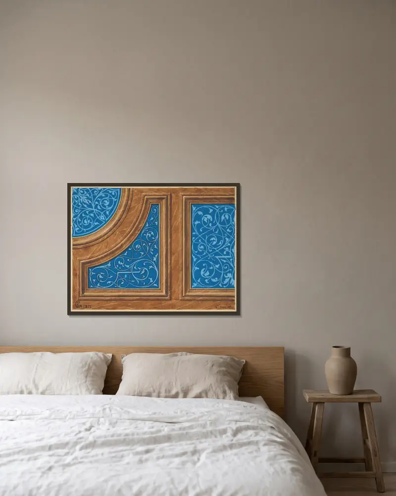 Partiell design för träpanel med inlagda målade paneler av Jules-Edmond-Charles Lachaise inramad på en vägg