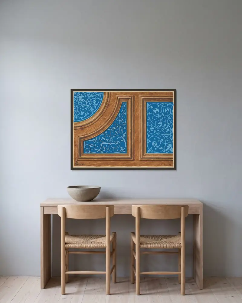 Partiell design för träpanel med inlagda målade paneler av Jules-Edmond-Charles Lachaise inramad på en vägg