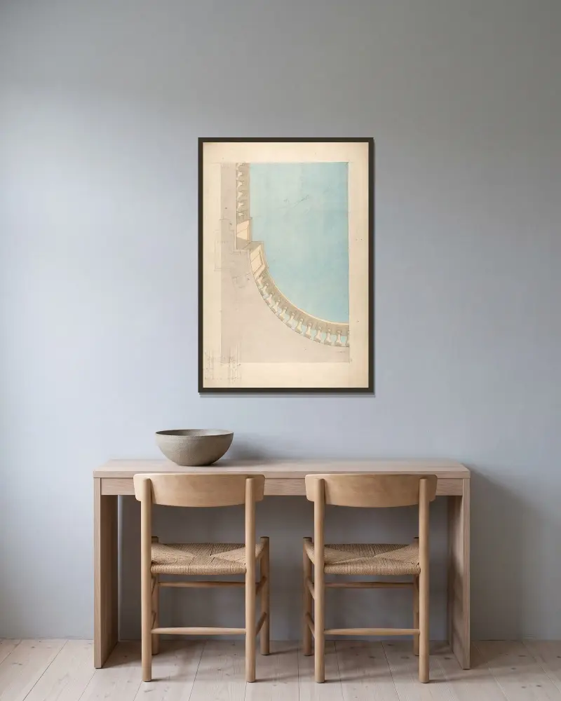Perspektivstudie för en fjärdedel av en takutsmyckning med trompe l'oeil-balustrad av Jules-Edmond-Charles Lachaise inramad på en vägg