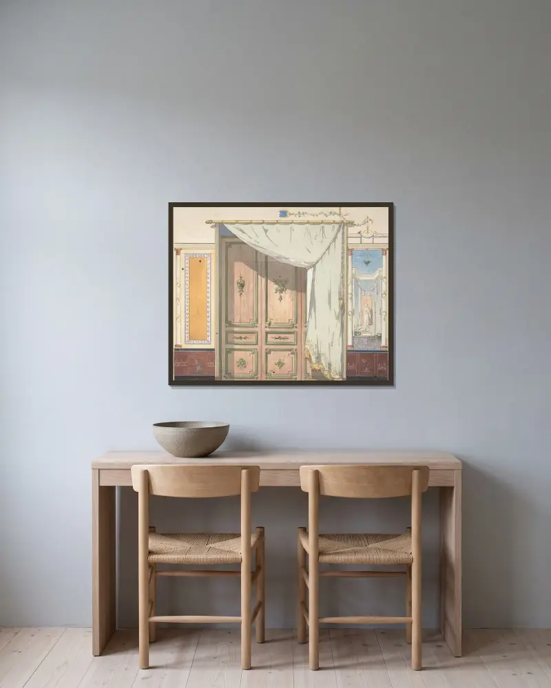 Pompejansk design för dörröppning och vägg med draperi (möjligen för Deepdene, Dorking, Surrey) av Jules-Edmond-Charles Lachaise inramad på en vägg