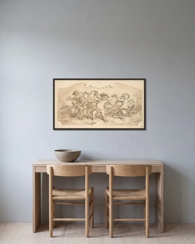 Putti i lek av Jules-Edmond-Charles Lachaise inramad på en vägg