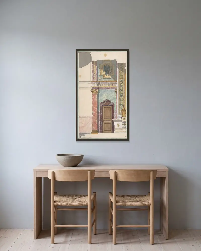 Sidovy av altardesign (1800-talet) av Jules-Edmond-Charles Lachaise inramad på en vägg