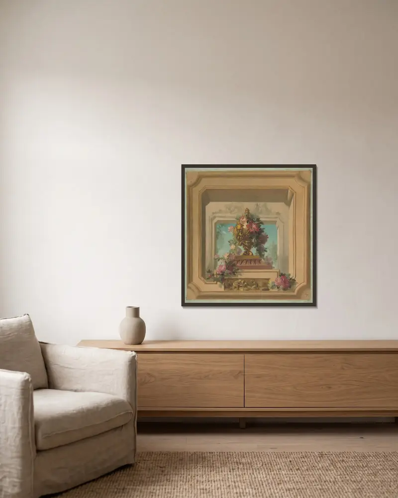 Trompe l'oeil-design för ett tak av Jules-Edmond-Charles Lachaise inramad på en vägg