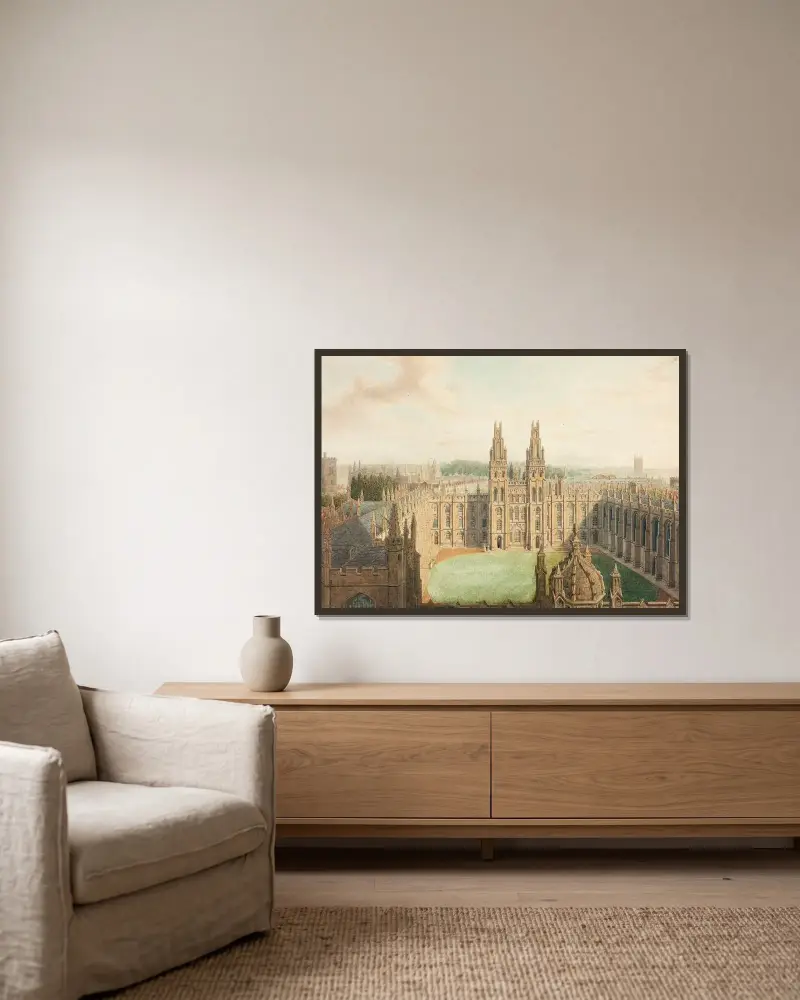 All Souls College från Radcliffe Library av Augustus Charles Pugin inramad på en vägg
